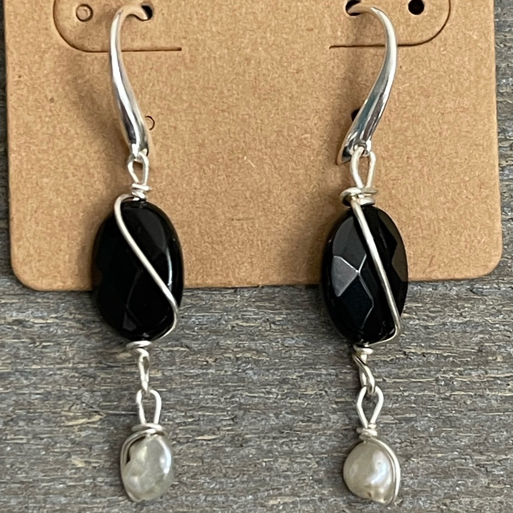 Handmade dangle earrings W/Genuine Faceted Onyx & Freshwater Pearl.